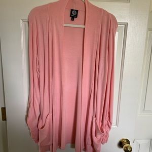 Bobeau Knit Open Cardigan w/ Ruched Sleeve Detail